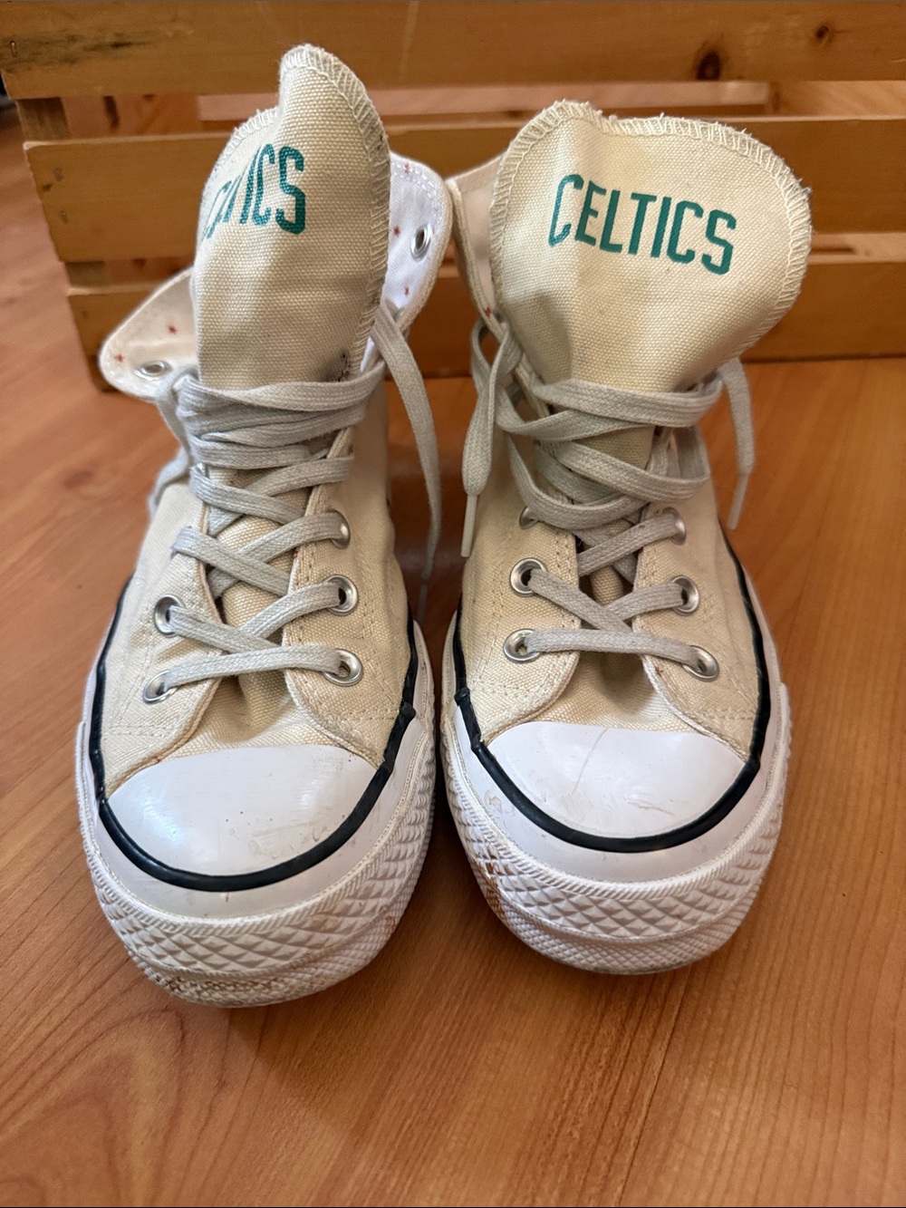 Converse All Star High-Top Sneakers in Beige and White with Green Celtics Logo